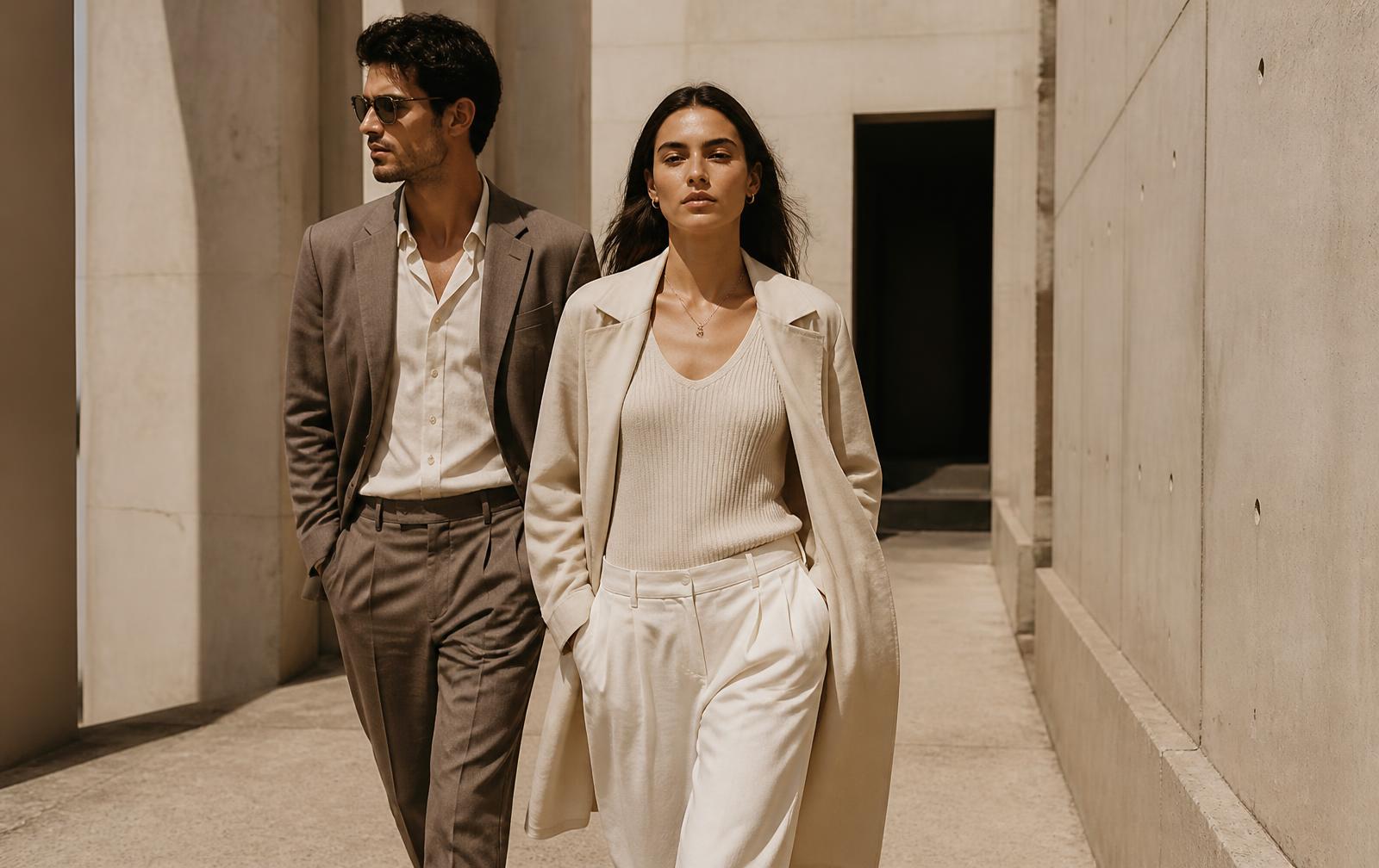 Two people in neutral toned contemporary clothing walking in sunlight
