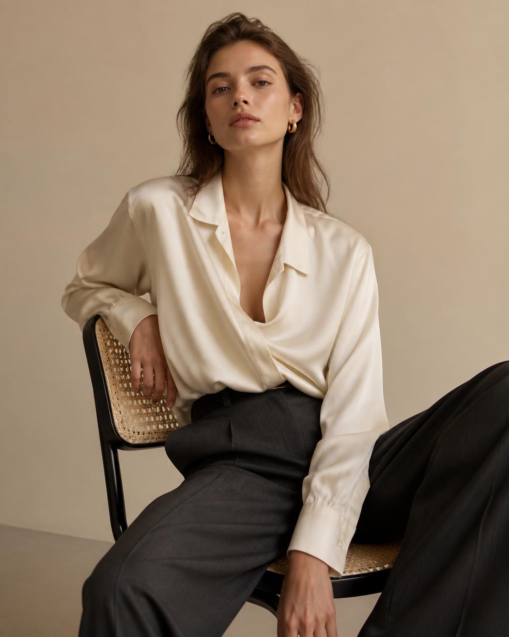 Woman in a cream silk blouse and charcoal trousers